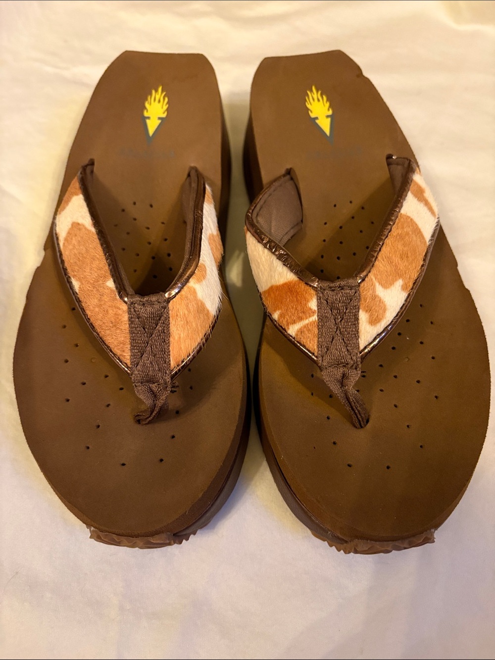 Volatile Brown Platform Flip Flops with Animal-Print Straps